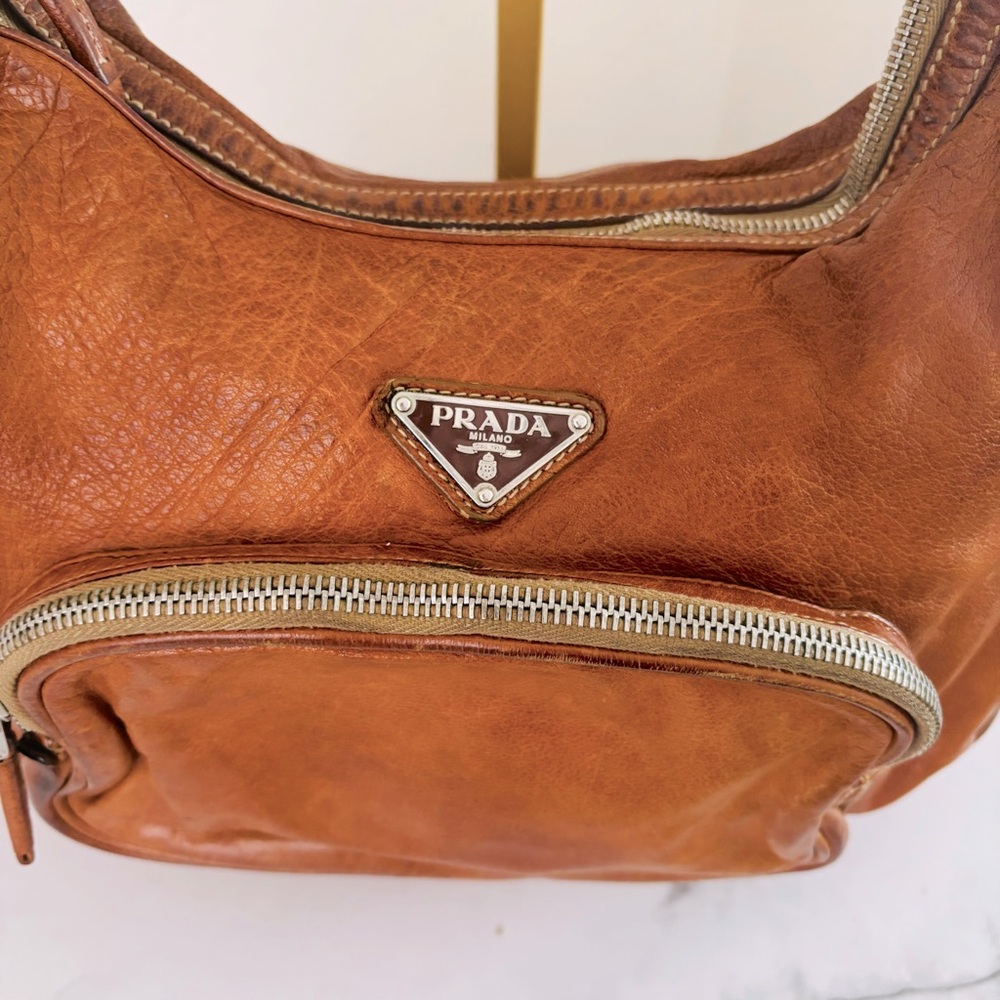 Prada Vintage Authentic Washed Buffalo Bauletto Hobo Bag Purse Naturale Tan COA - Picture 2 of 14